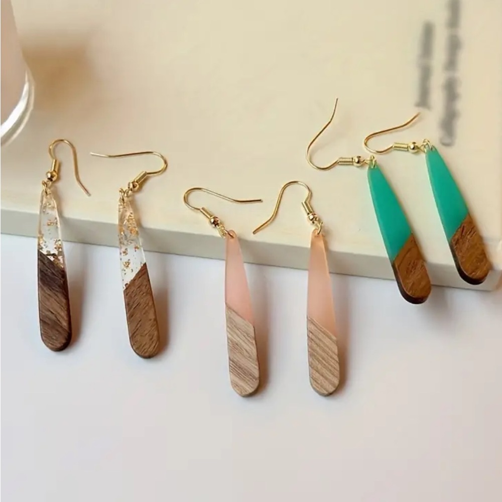 Natural Wood Resin Water Drop Earrings